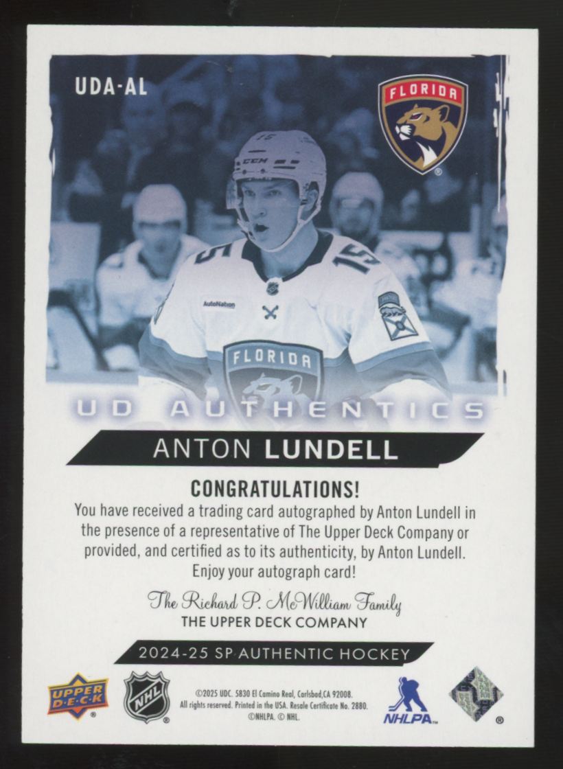 2024-25 Upper Deck SP Authentic Anton Lundell Auto #UDA-AL