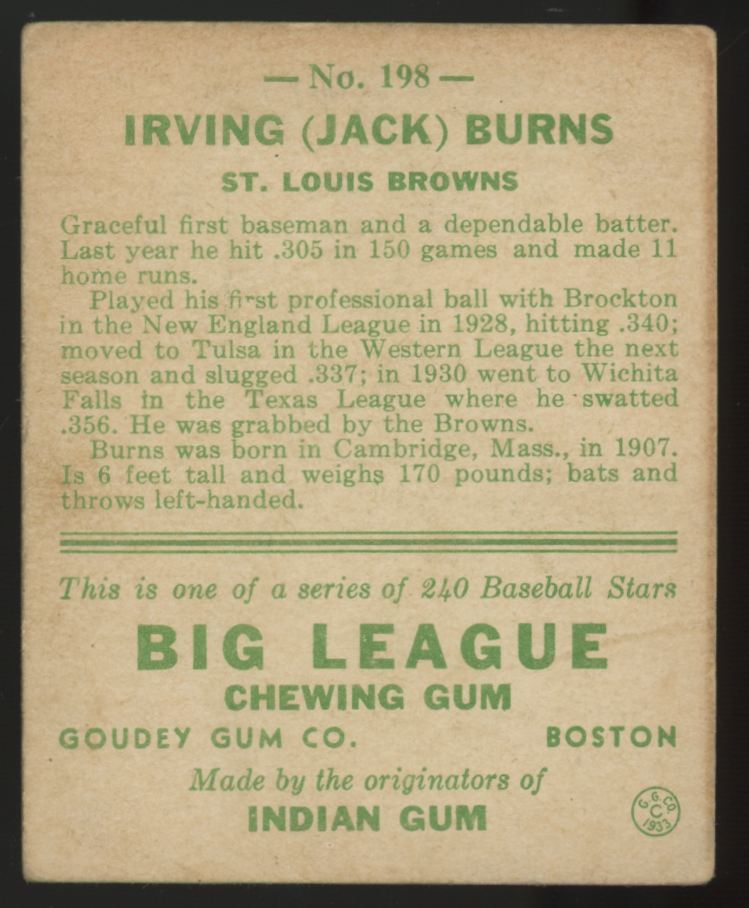 1933 Goudey Irving "Jack" Burns #198 VG/EX-EX