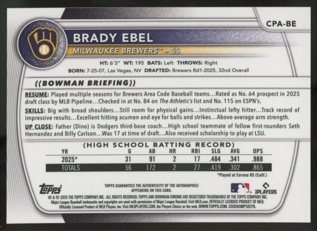 2025 Bowman Chrome Draft Brady Ebel 1st Prospect Gold Wave Auto /50 #CPA-BE