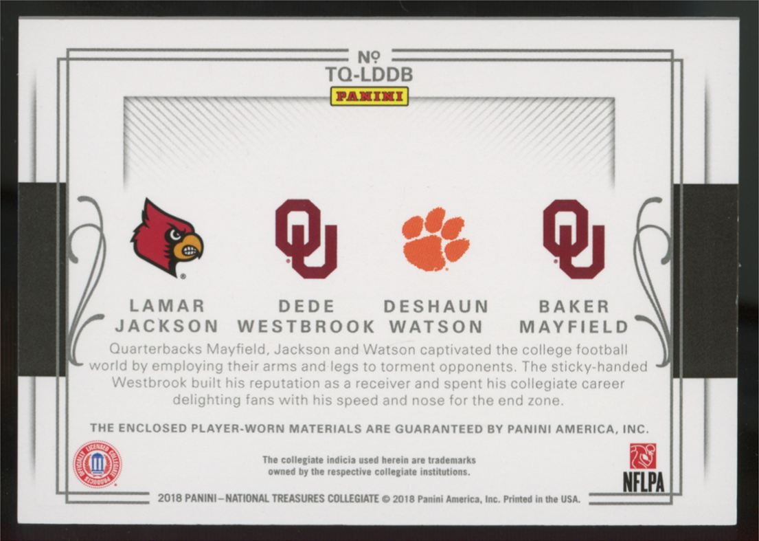 2018 National Treasures Lamar Jackson/Mayfield/Watson/Westbrook Quad Patch /99