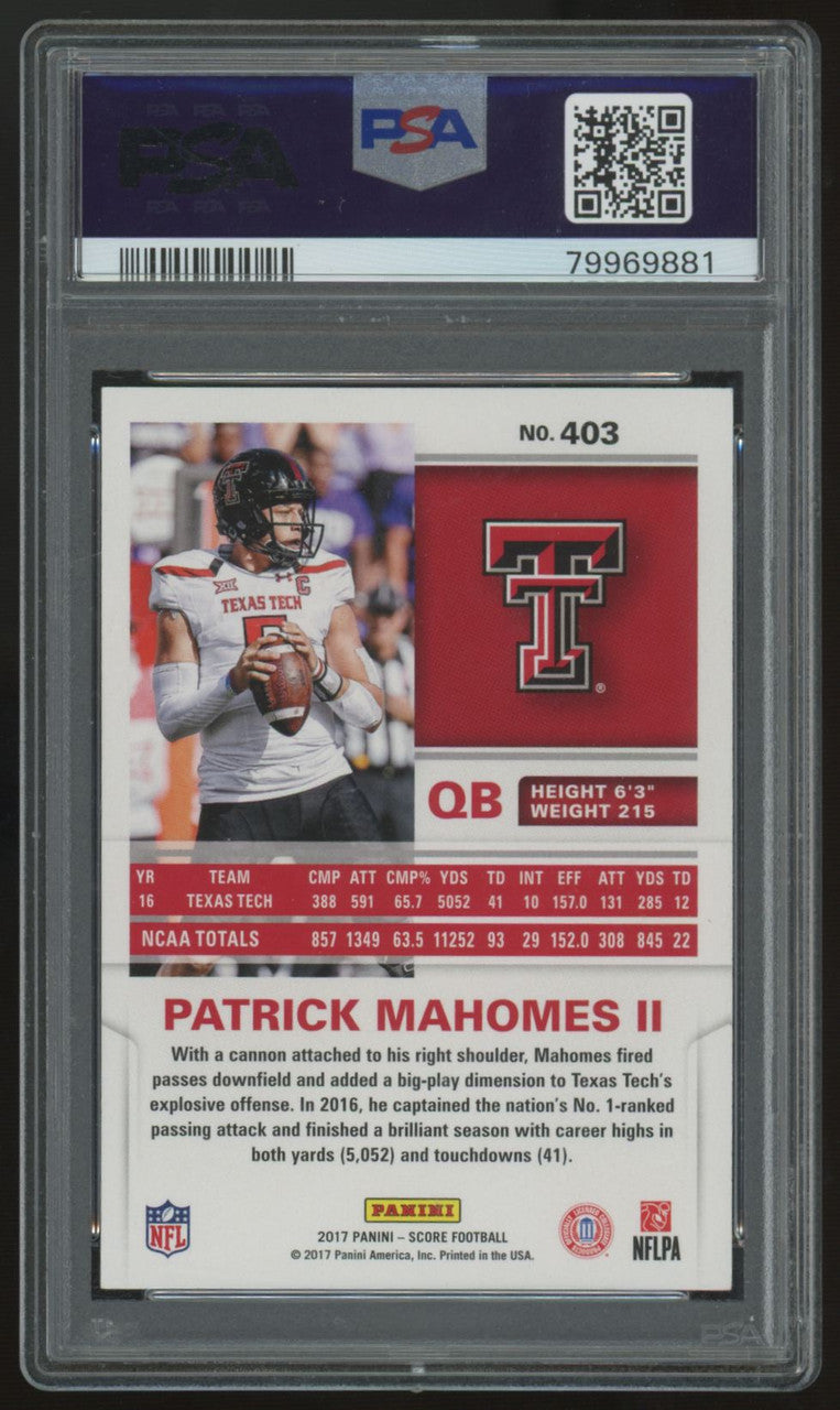 2017 Score Patrick Mahomes RC #403 Scorecard PSA 8
