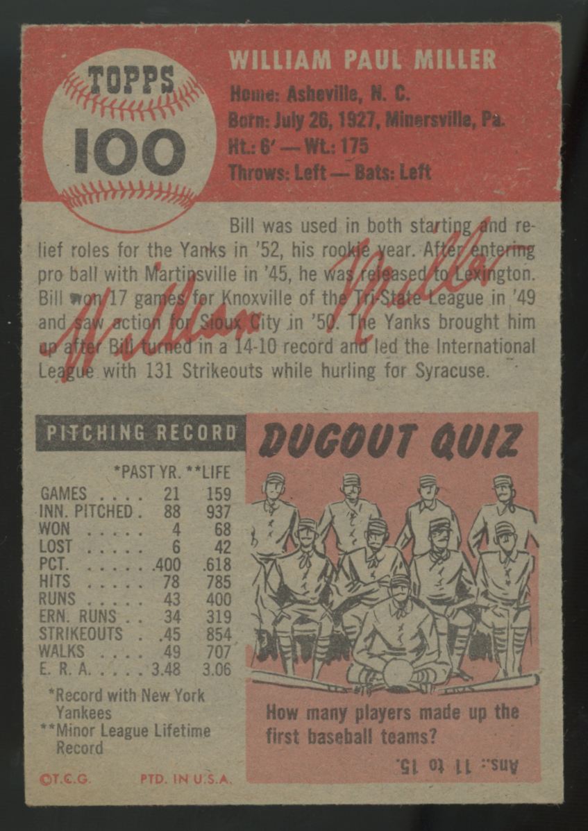 1953 Topps Bill Miller #100 EX