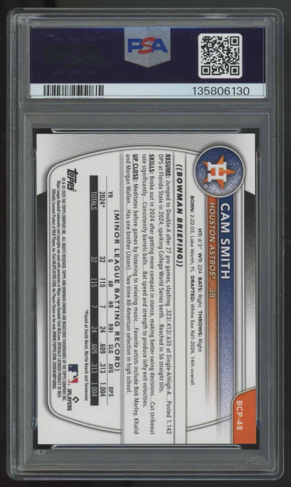 2025 Bowman Mega Cam Smith Prospect Orange Refractor /25 #BCP-48 PSA 10