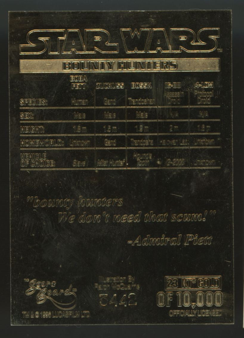 1996 Score Board Star Wars Bounty Hunters 24k Gold /10,000
