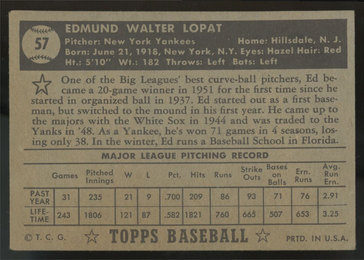 1952 Topps Ed Lopat RC Black Back #57 Good