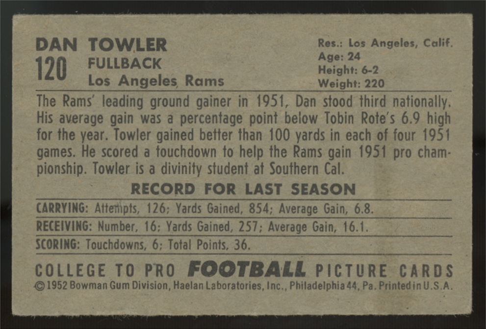 1952 Bowman Deacon Dan Towler #120 VG/EX