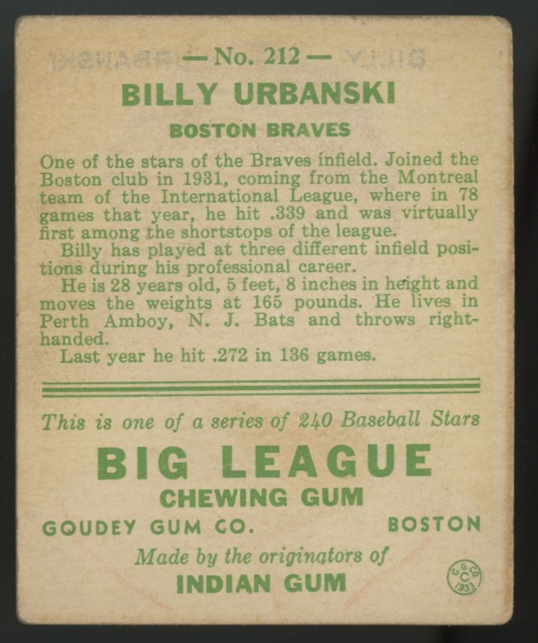 1933 Goudey Billy Urbanski #212 G-VG