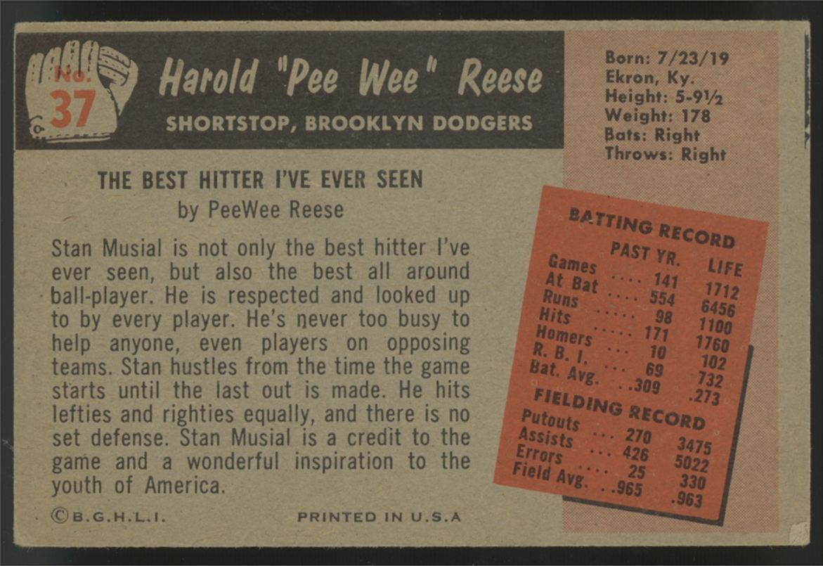 1955 Bowman Harold "Pee Wee" Reese #37 VG/EX