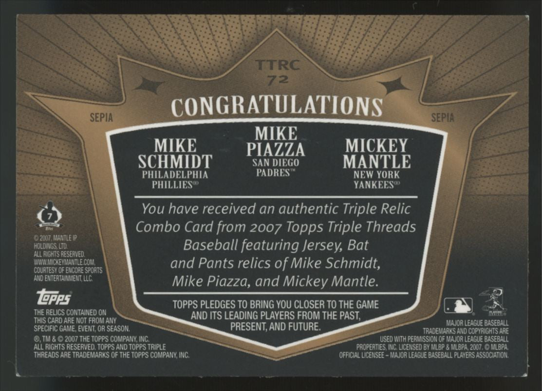 2007 Triple Threads Mantle/Piazza/Schmidt Sepia Combo Triple Relic /27 #TTRC-72