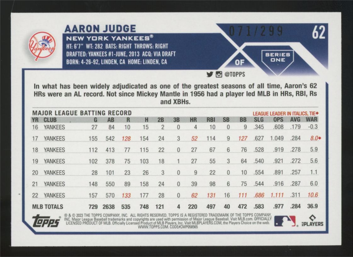 2023 Topps Series One Aaron Judge Orange Foil Board /299 #62