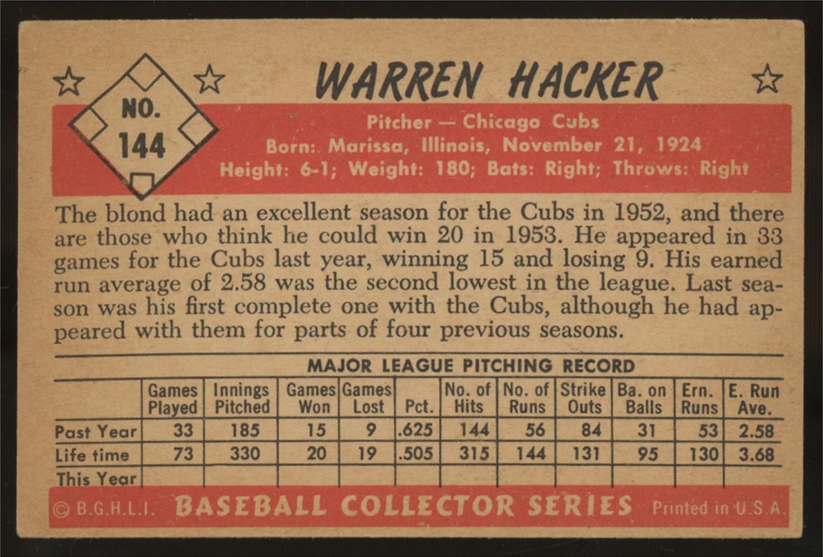 1953 Bowman Warren Hacker #144 VG/EX