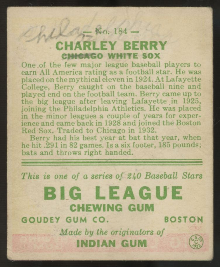 1933 Goudey Charley Berry #184 Poor (Writing)