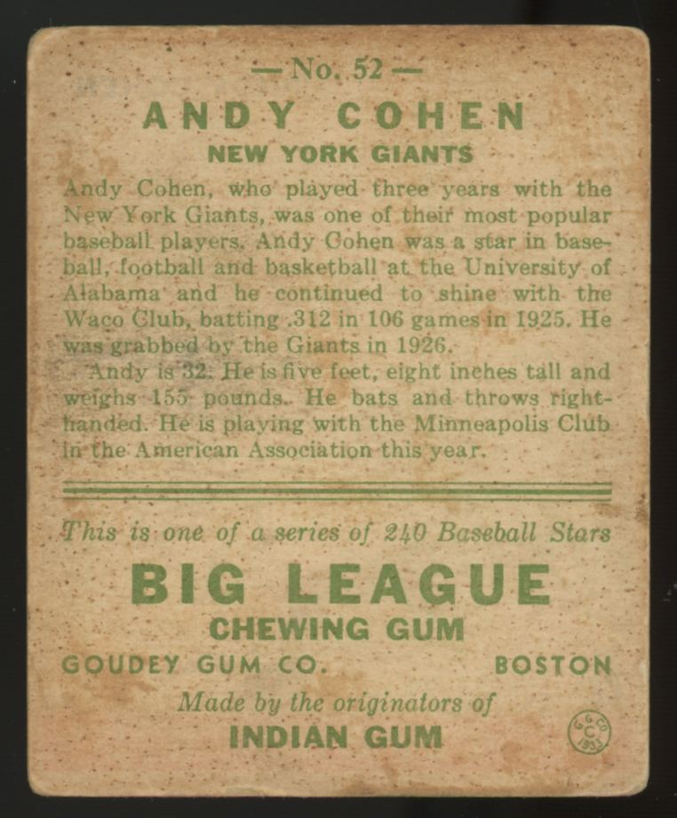 1933 Goudey Andy Cohen #52 F/G