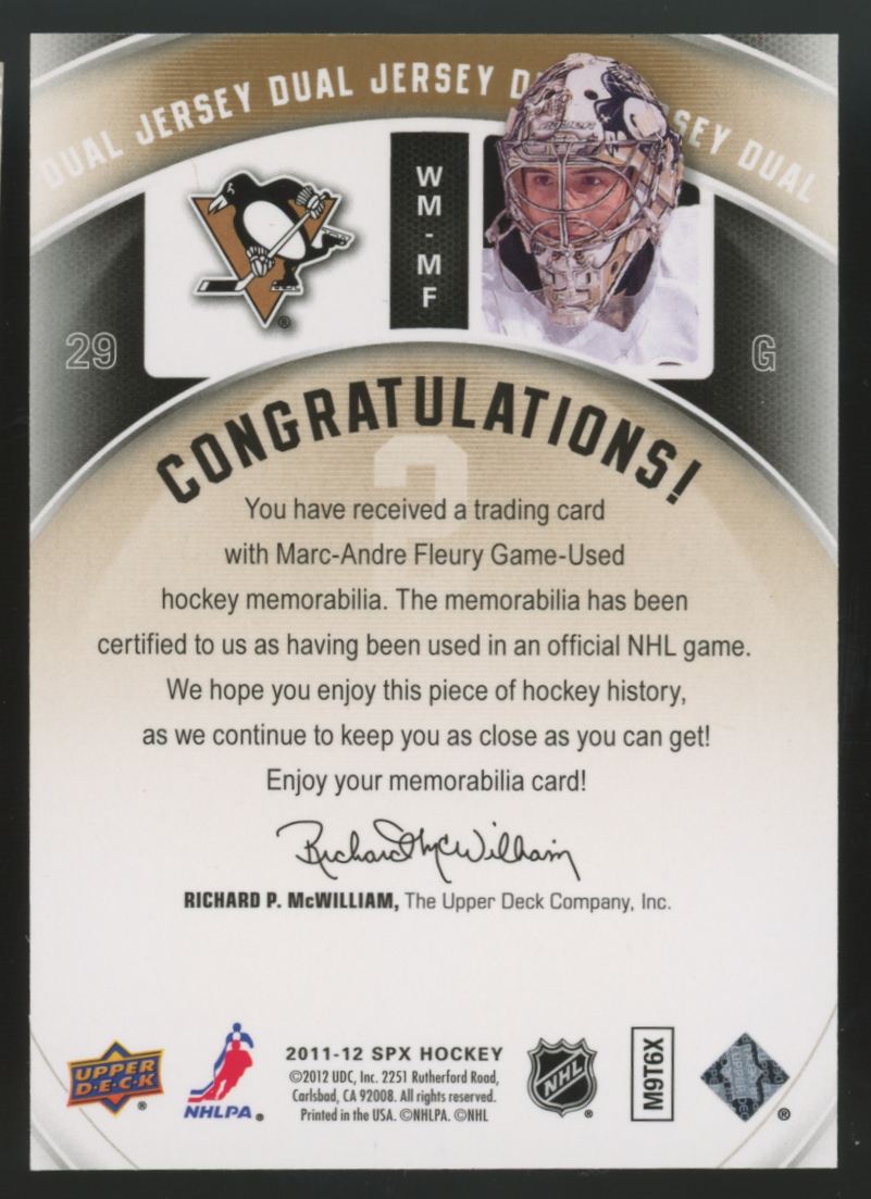 2011-12 Upper Deck SPX Marc-Andre Fleury Winning Materials Dual Patch #WM-MF