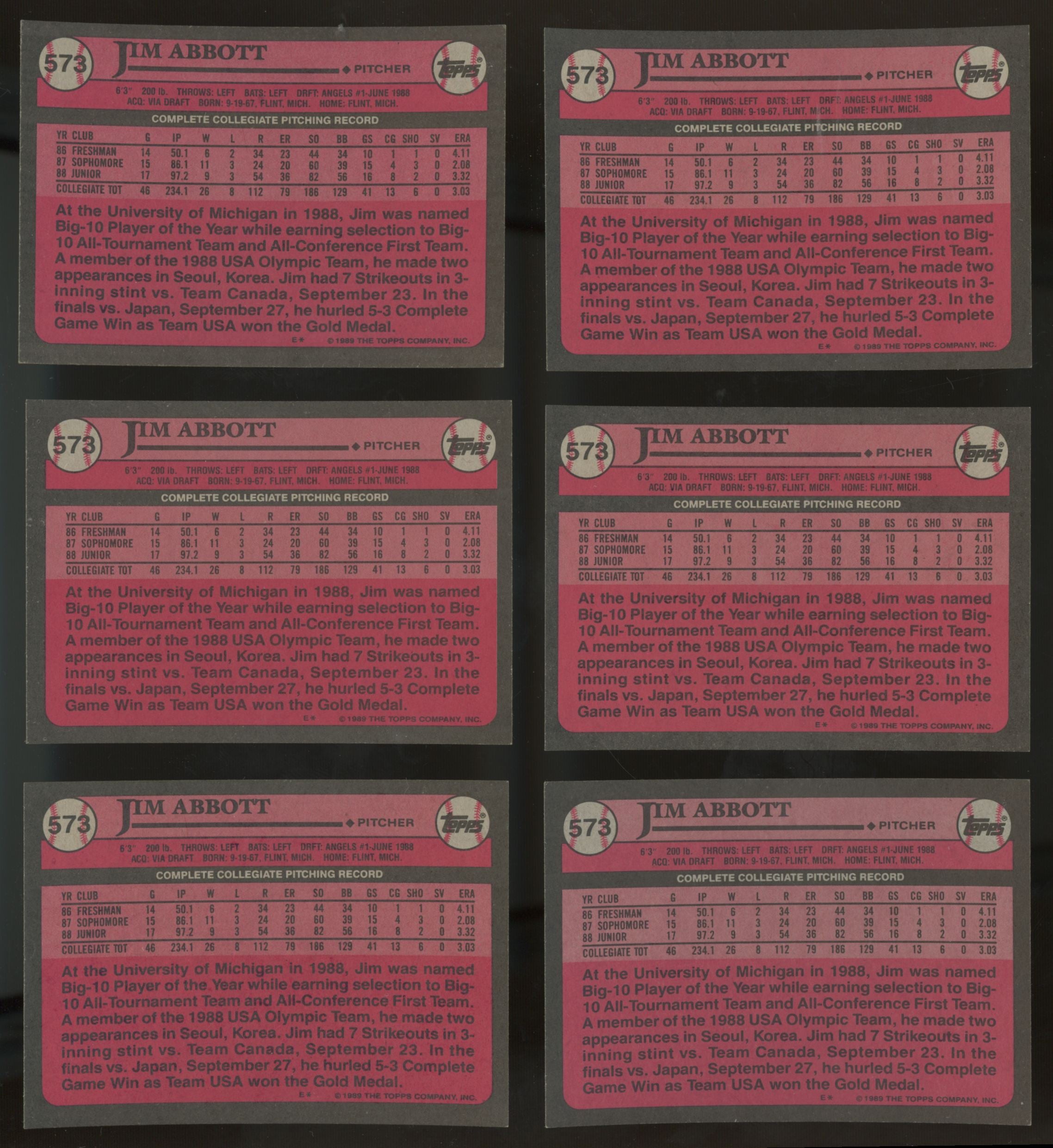 1989 Topps Jim Abbott RC #1 Draft Pick #573 (Lot Of 50)