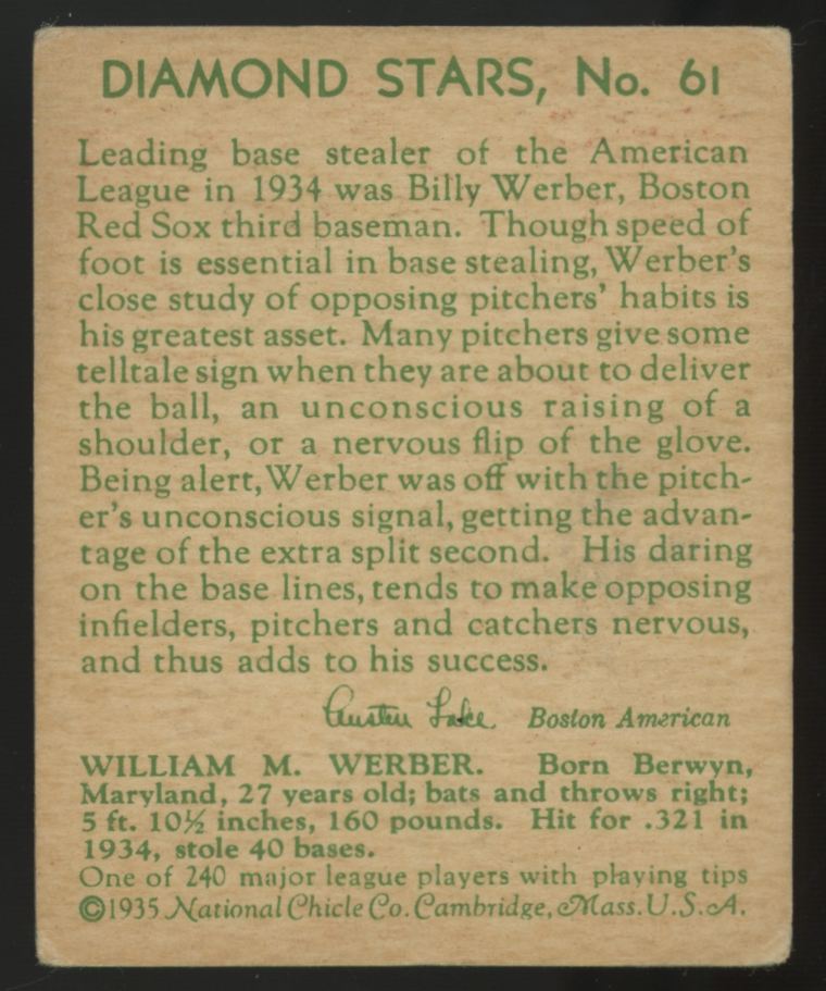 1935 National Chicle William Billy Werber Diamond Stars #61 VG/EX