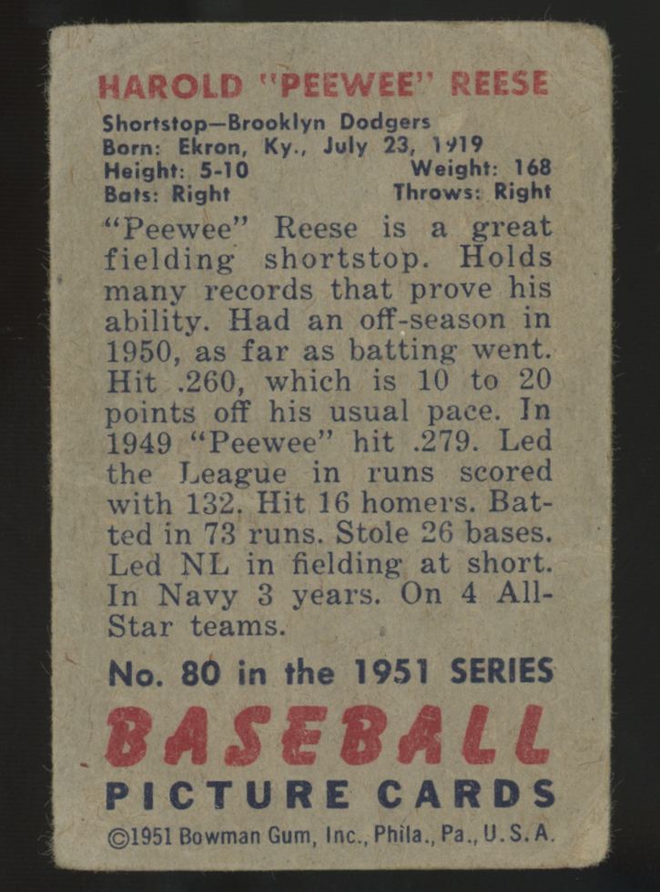1951 Bowman Harold "Peewee" Reese #80 Poor "B"