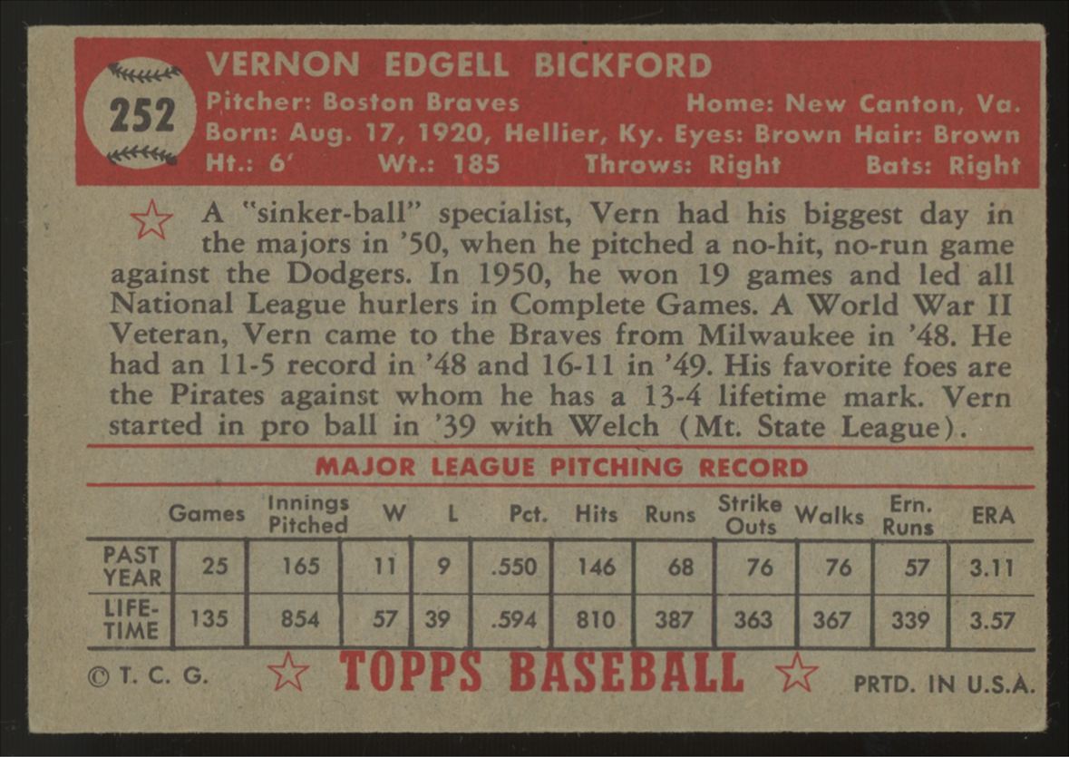 1952 Topps Vern Bickford #252 VG/EX "A"