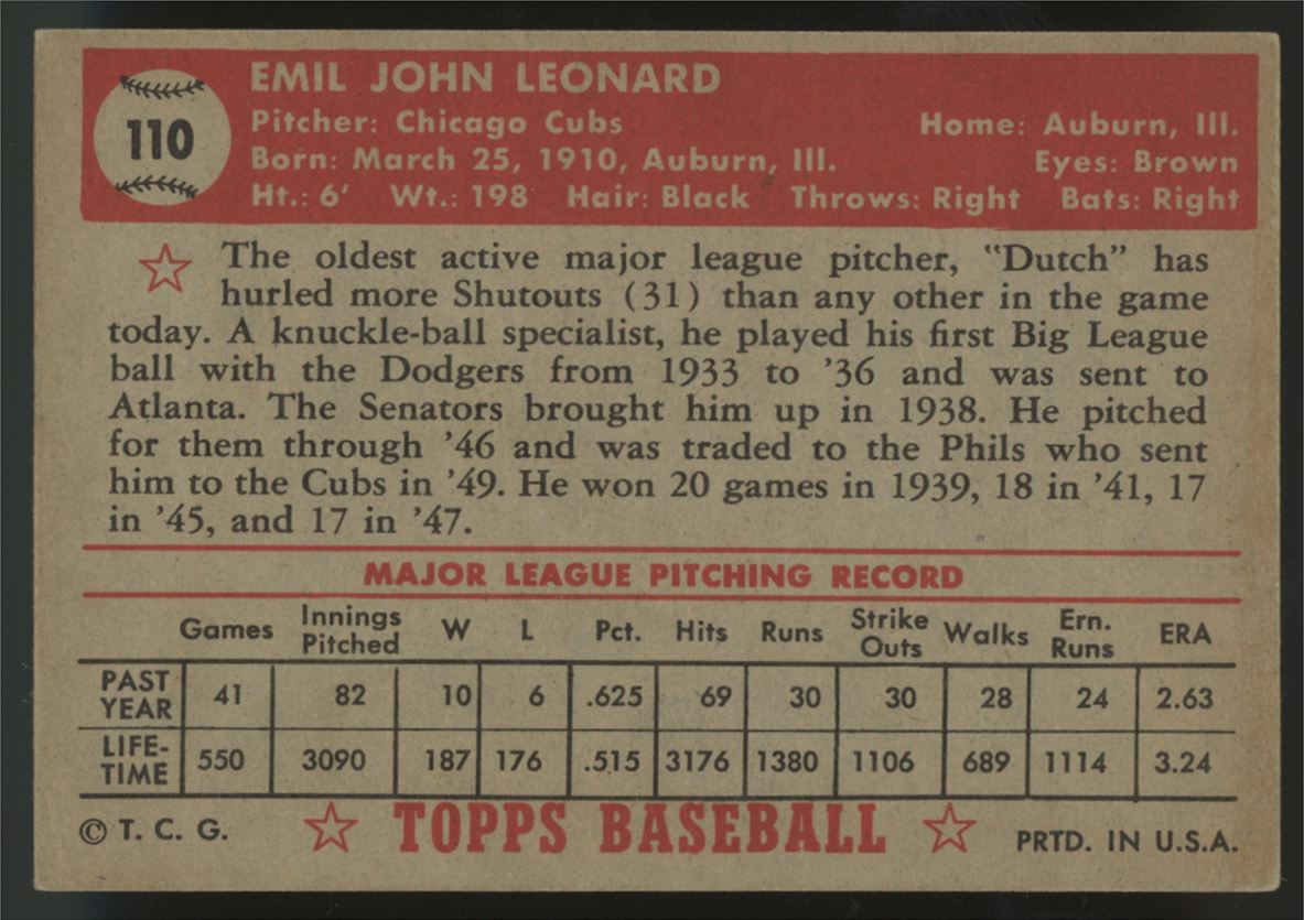 1952 Topps Dutch Leonard #110 EX