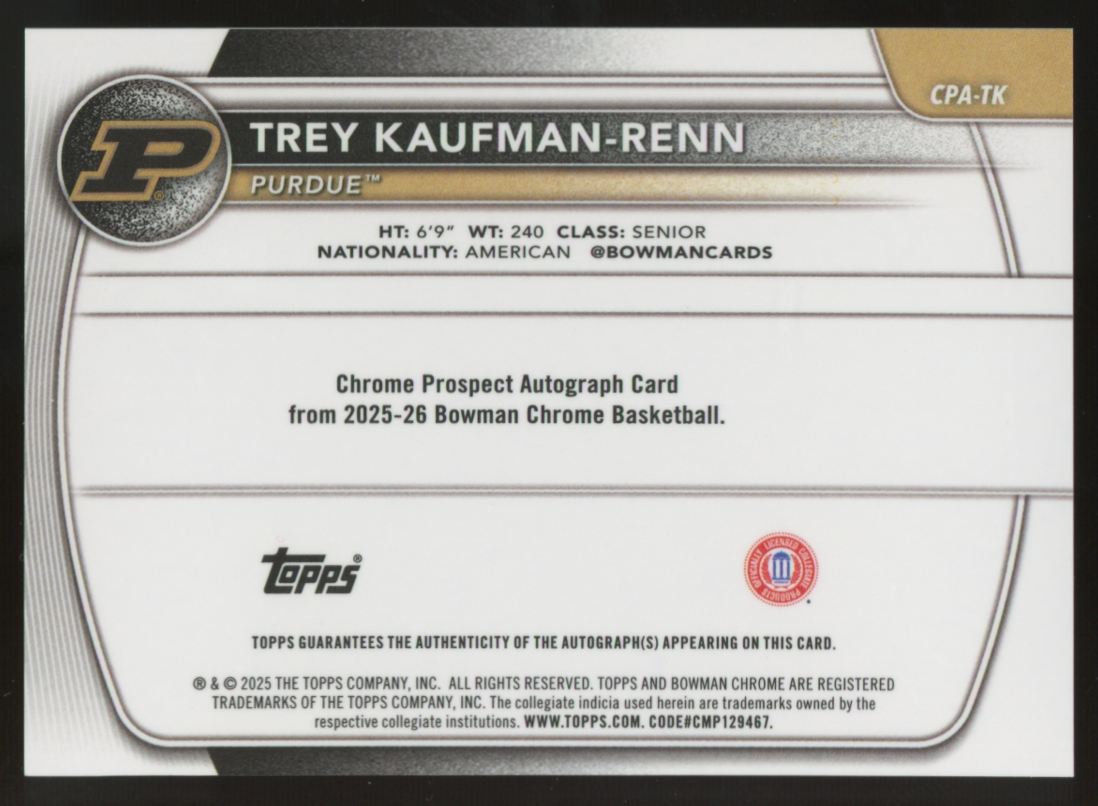 2025-26 Bowman Chrome Trey Kaufman-Renn 1st Blue X-Fractor Auto /150 #CPA-TK