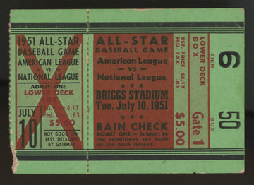 1951 MLB All-Star Baseball Game Briggs Stadium Ticket Stub