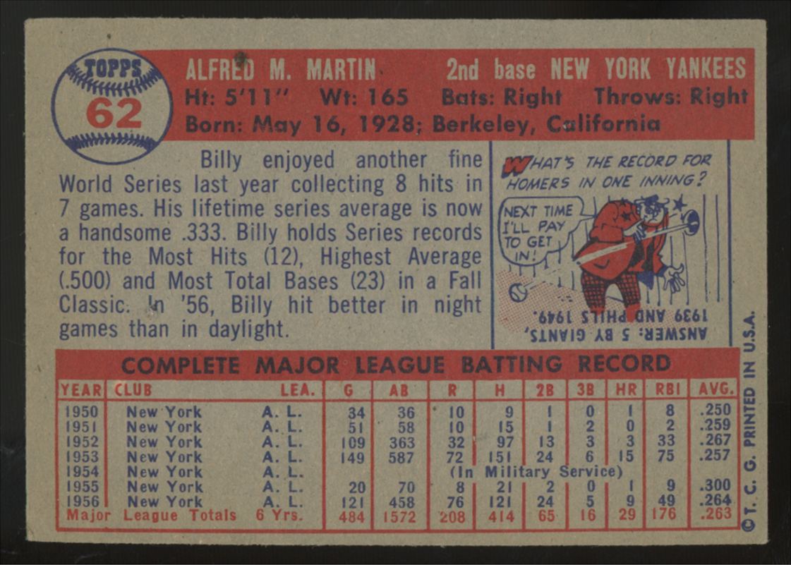 1957 Topps Billy Martin #62 VG-EX "A"