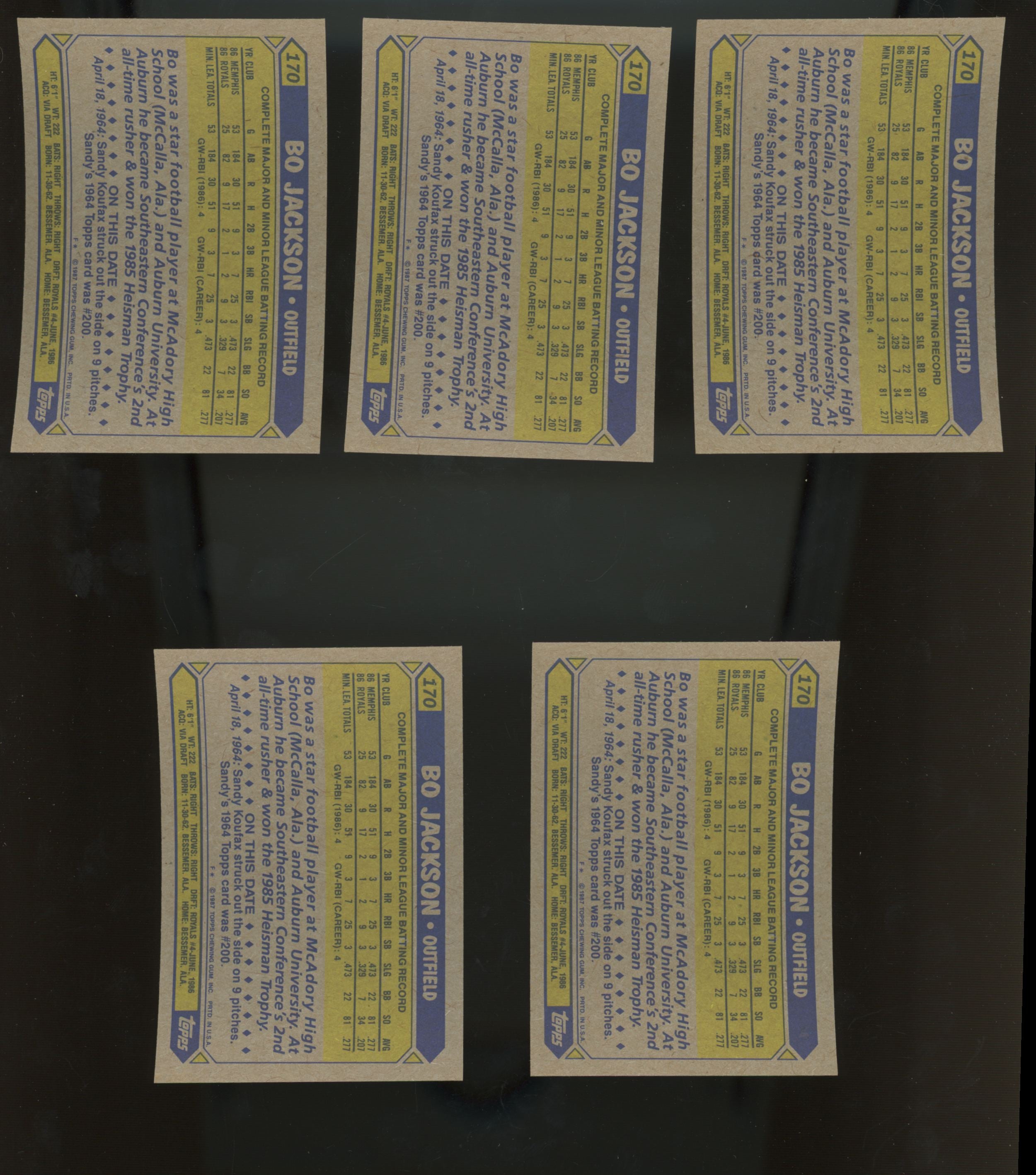 1987 Topps Bo Jackson RC #170 Lot of 25 NM-MT