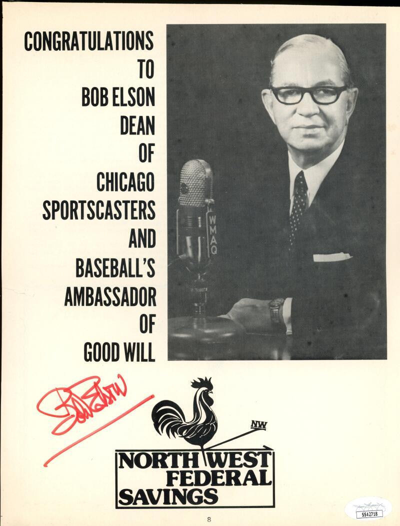 Bob Elson Signed Autographed Northwest Federal Savings Sheet JSA