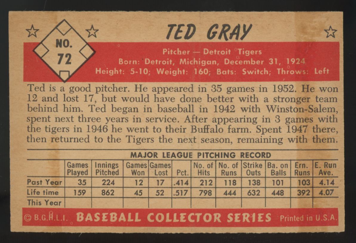 1953 Bowman Color Ted Gray #72 VG/EX