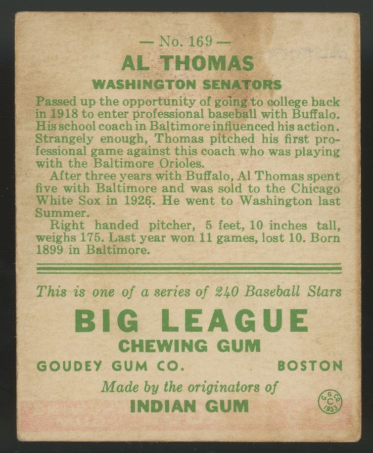 1933 Goudey Al Thomas #169 VG