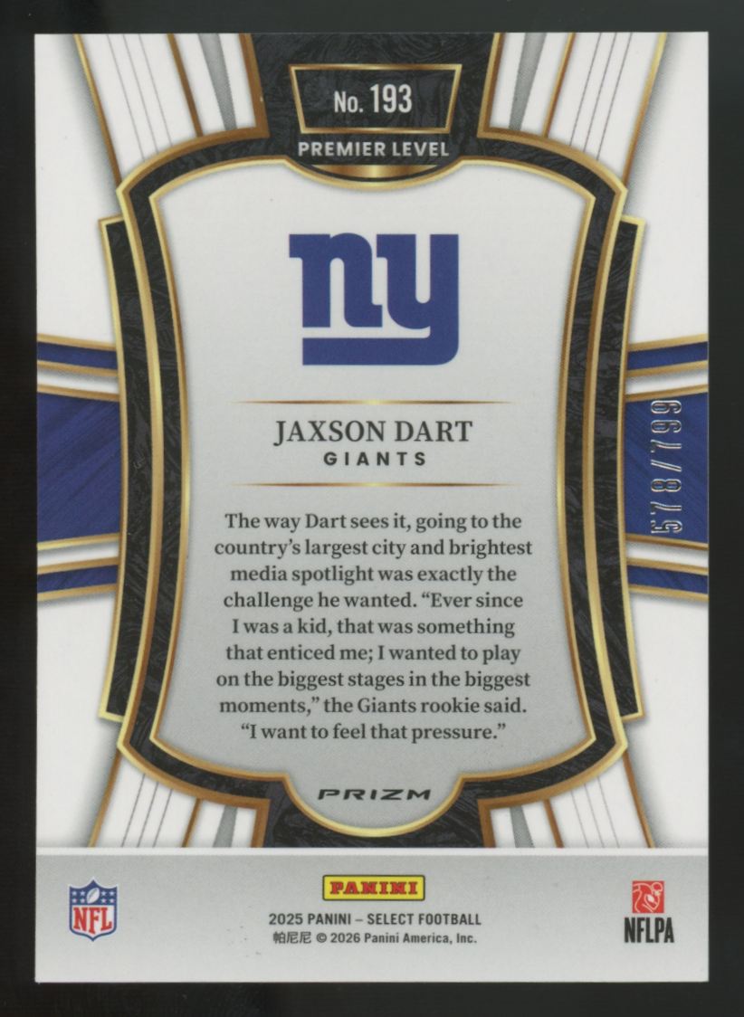 2025 Panini Select Jaxson Dart RC Premier Level White Shock Prizm /799 #193