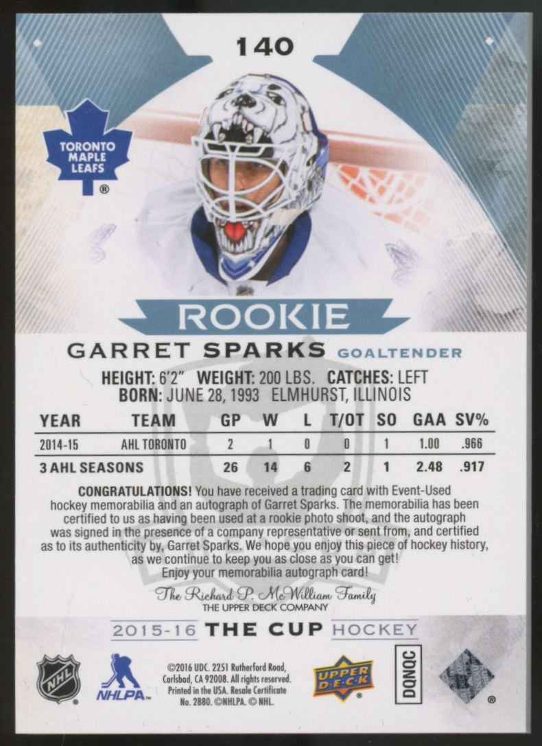 2015-16 Upper Deck The Cup Garret Sparks RC Patch Auto RPA /249 #140
