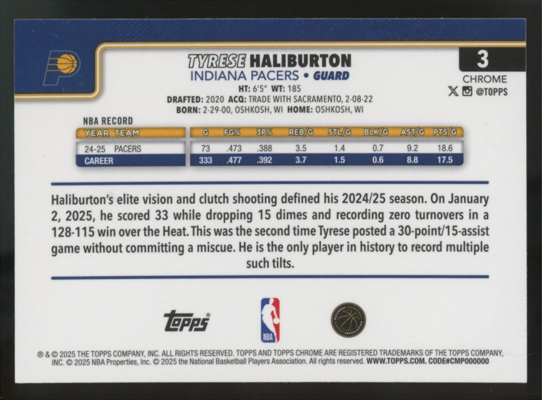 2025-26 Topps Chrome Tyrese Haliburton Aqua Raywave /199 #3