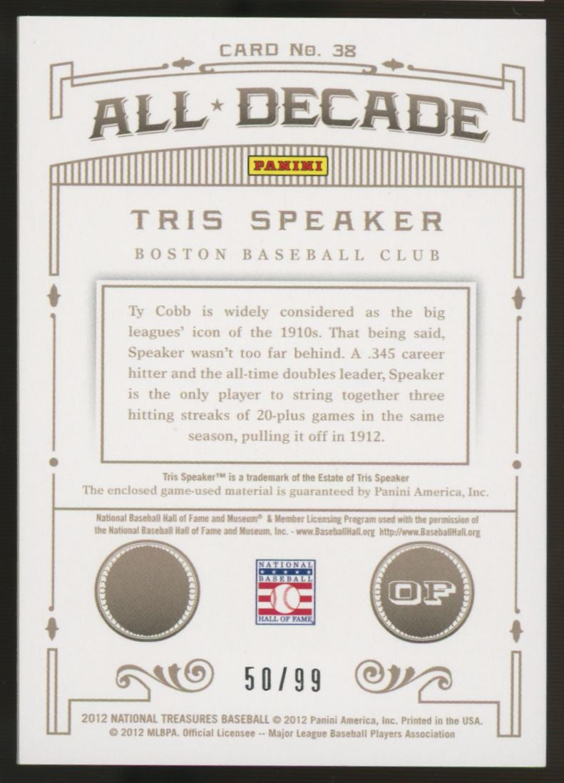 2012 National Treasures Tris Speaker 1910s All-Decade Relic /99 #38