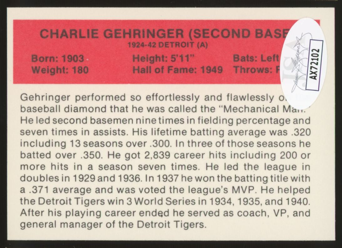 1987 Hygrade Charlie Gehringer Signed Autographed Card JSA