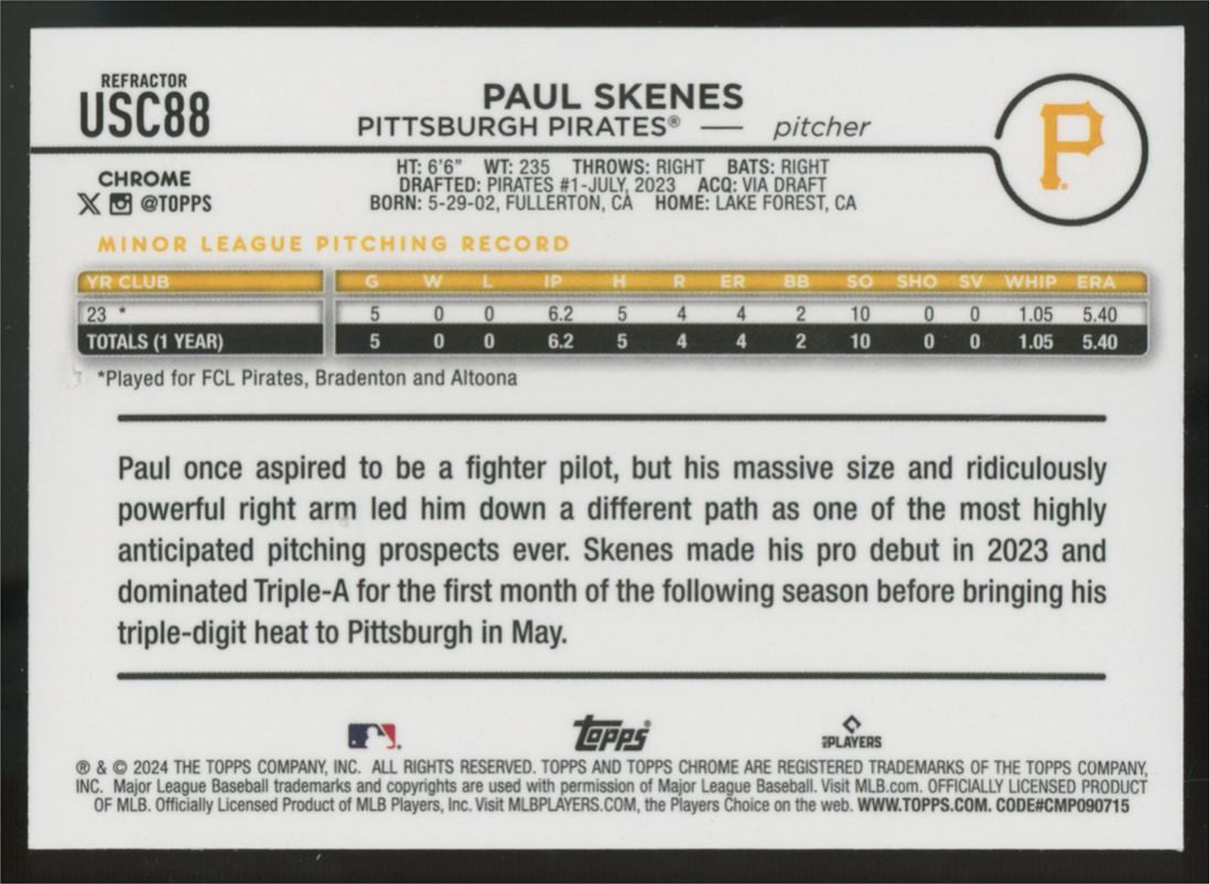 2024 Topps Chrome Update Paul Skenes RC Refractor #USC88 "A"