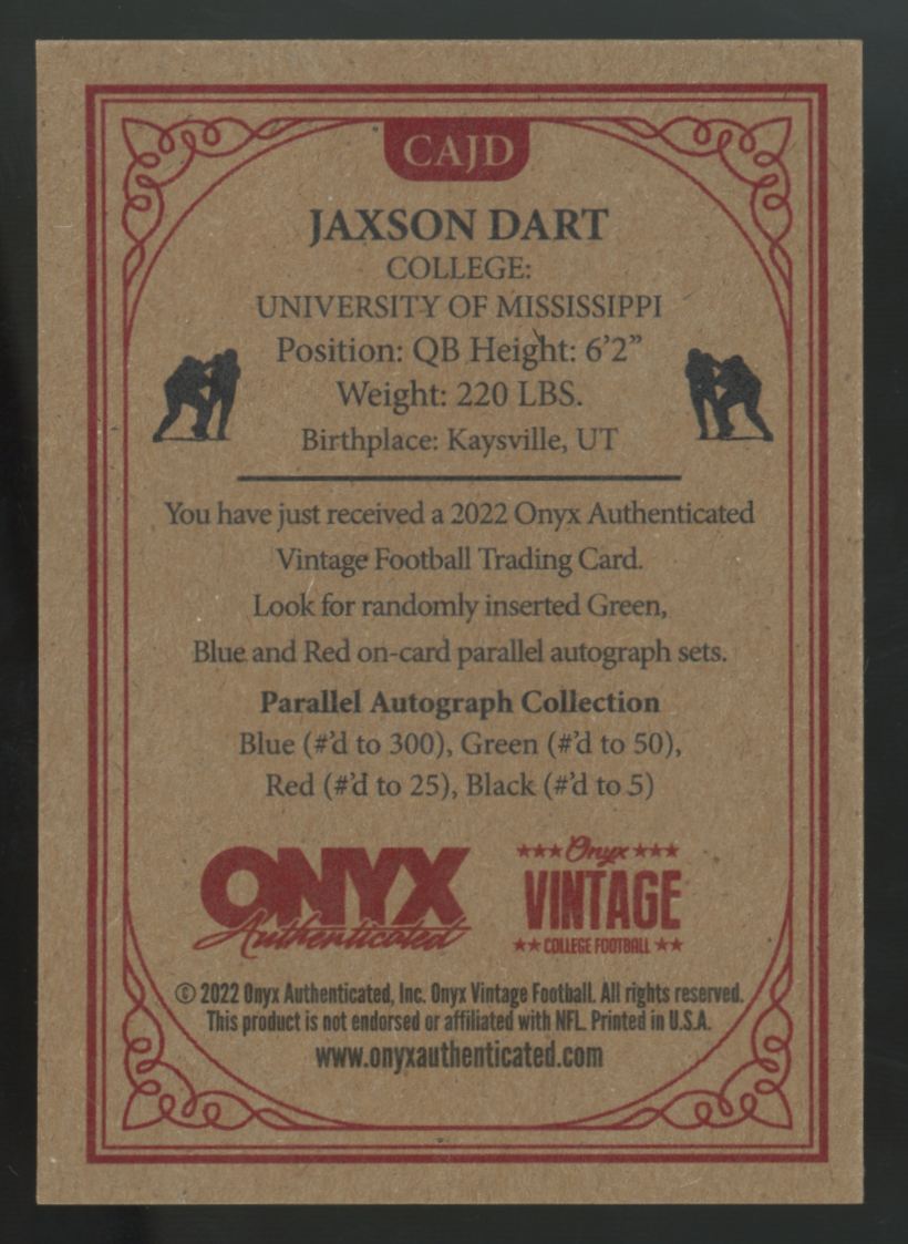 2022 Onyx Vintage College Jaxson Dart Blue Ink Auto /300 #CAJD