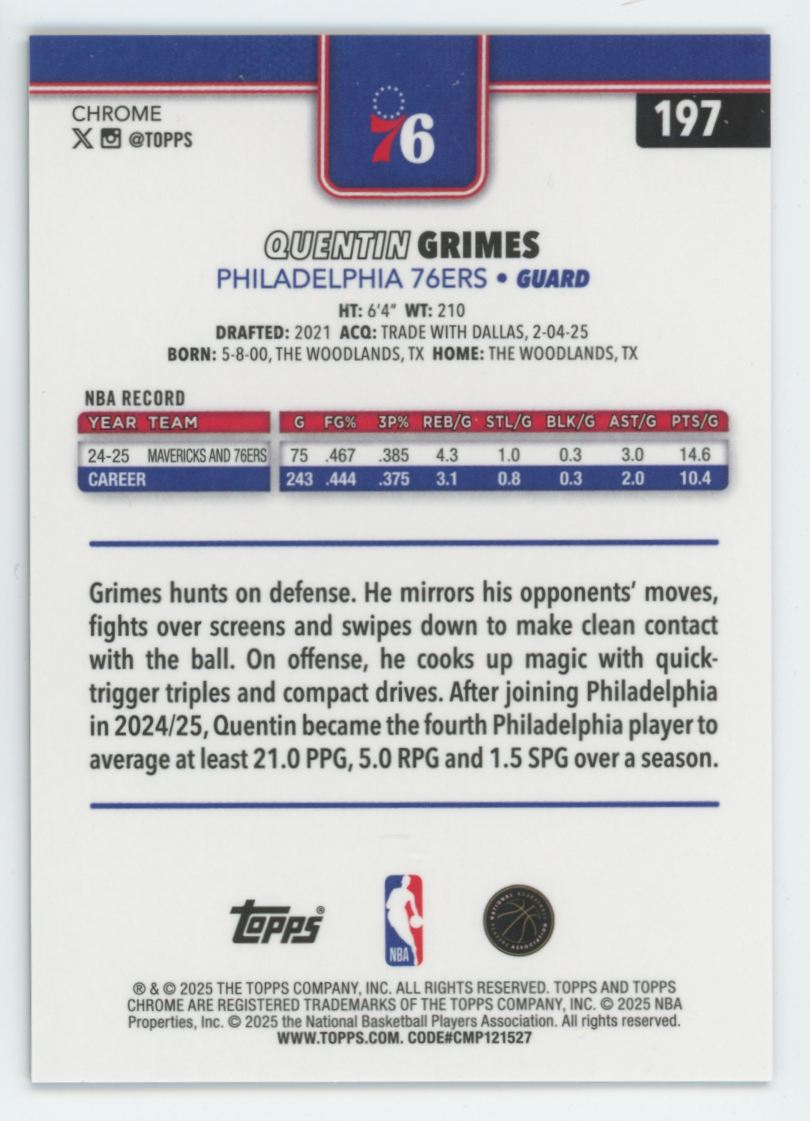 2025-26 Topps Chrome Quentin Grimes Black Raywave Refractor /10 #197