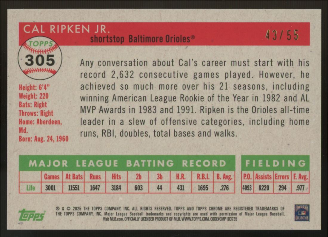 2025 Topps Chrome Platinum Anniversary Cal Ripken Jr. Diamond Etch Refractor /55