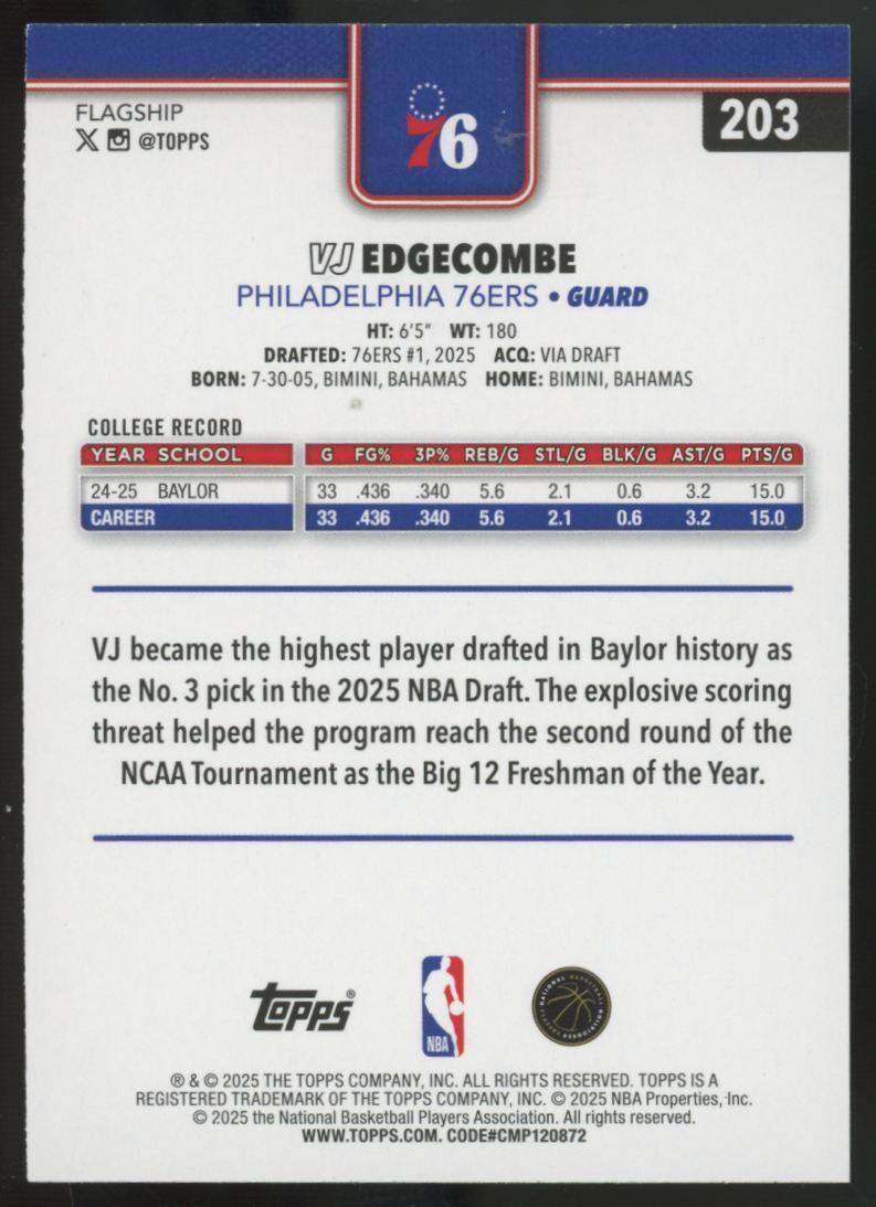 2025-26 Topps VJ Edgecombe RC Diamante Pink #203