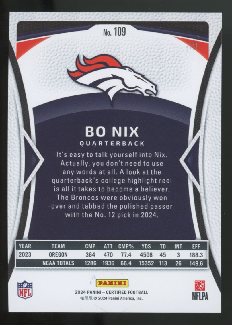 2024 Panini Certified Bo Nix RC Blue Mirror /75 #109