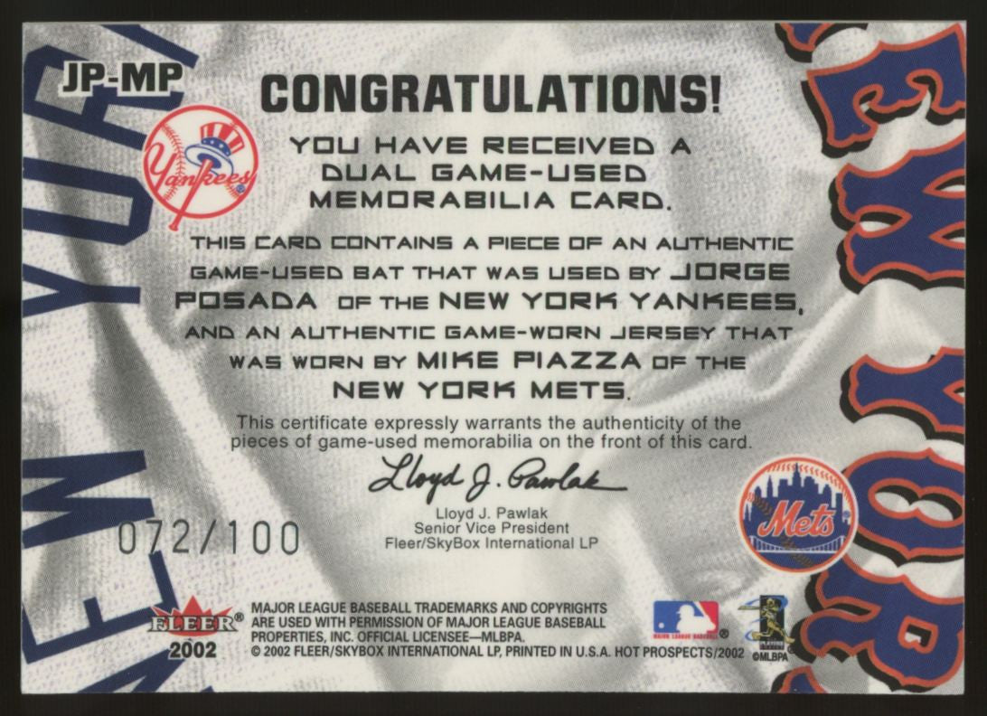2002 Fleer Mike Piazza Jorge Posada MLB Hot Tandems Dual Patch /100 #JP-MP
