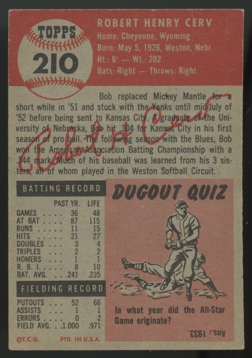 1953 Topps Bob Cerv #210 EX/MT