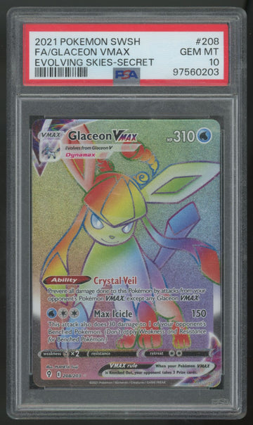 2021 Pokemon Glaceon VMax Evolving Skies Secret Rare #208 PSA 10