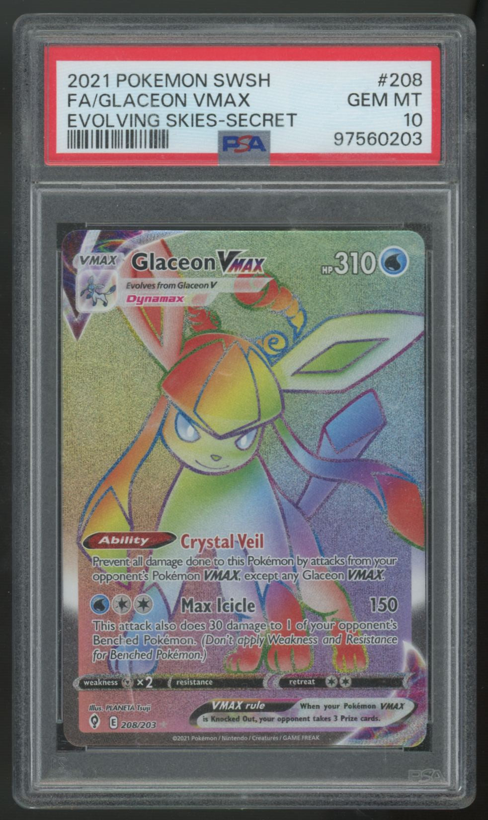 2021 Pokemon Glaceon VMax Evolving Skies Secret Rare #208 PSA 10