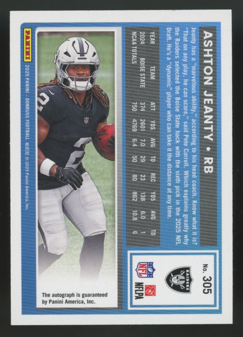 2025 Panini Donruss Ashton Jeanty RC Rated Rookie Orange Auto #305