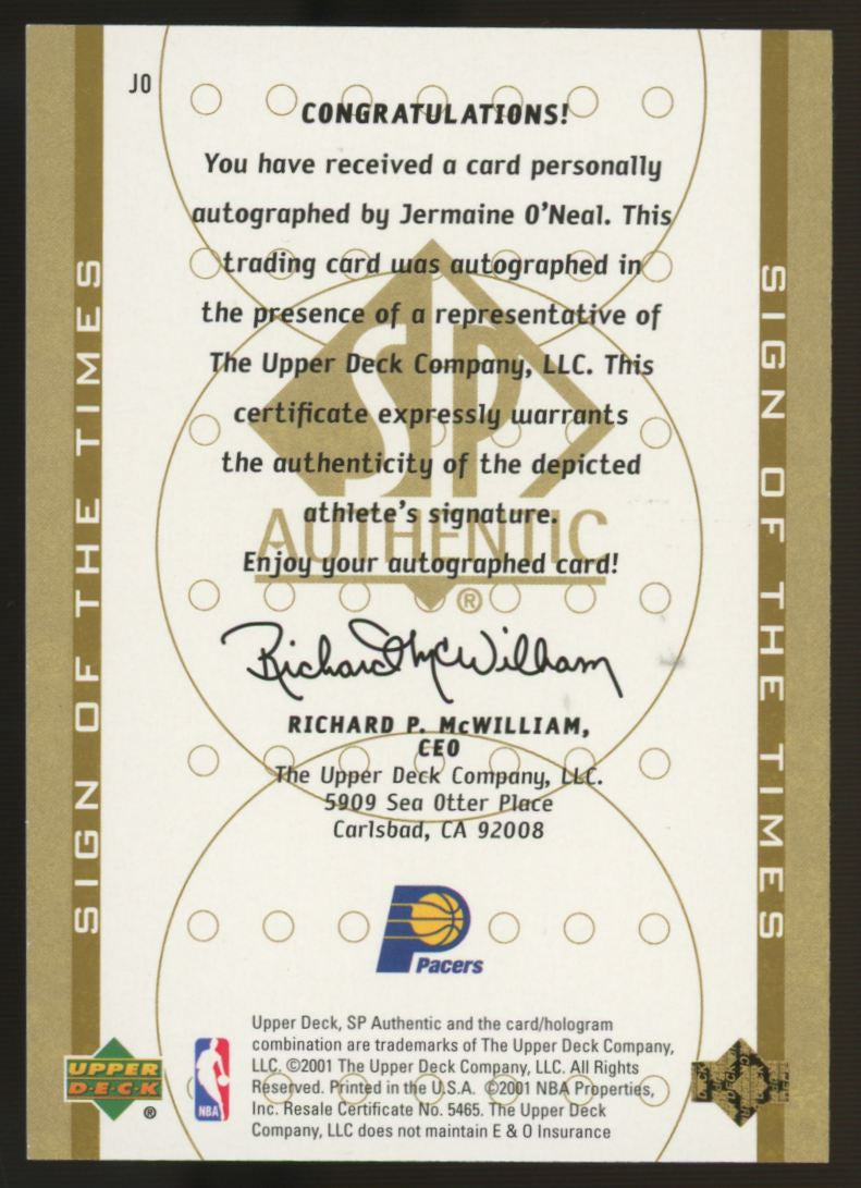 2000-01 UD SP Authentic Jermaine O'Neal Sign Of The Times Auto #JO