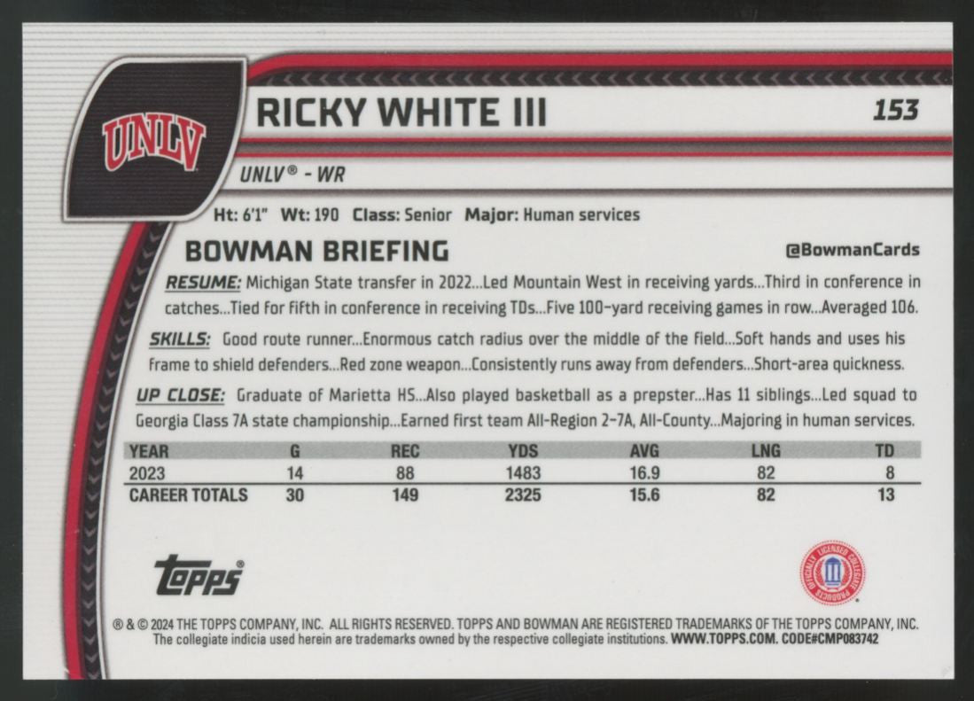 2024 Bowman Chrome University Ricky White III Red Refractor /5 #153
