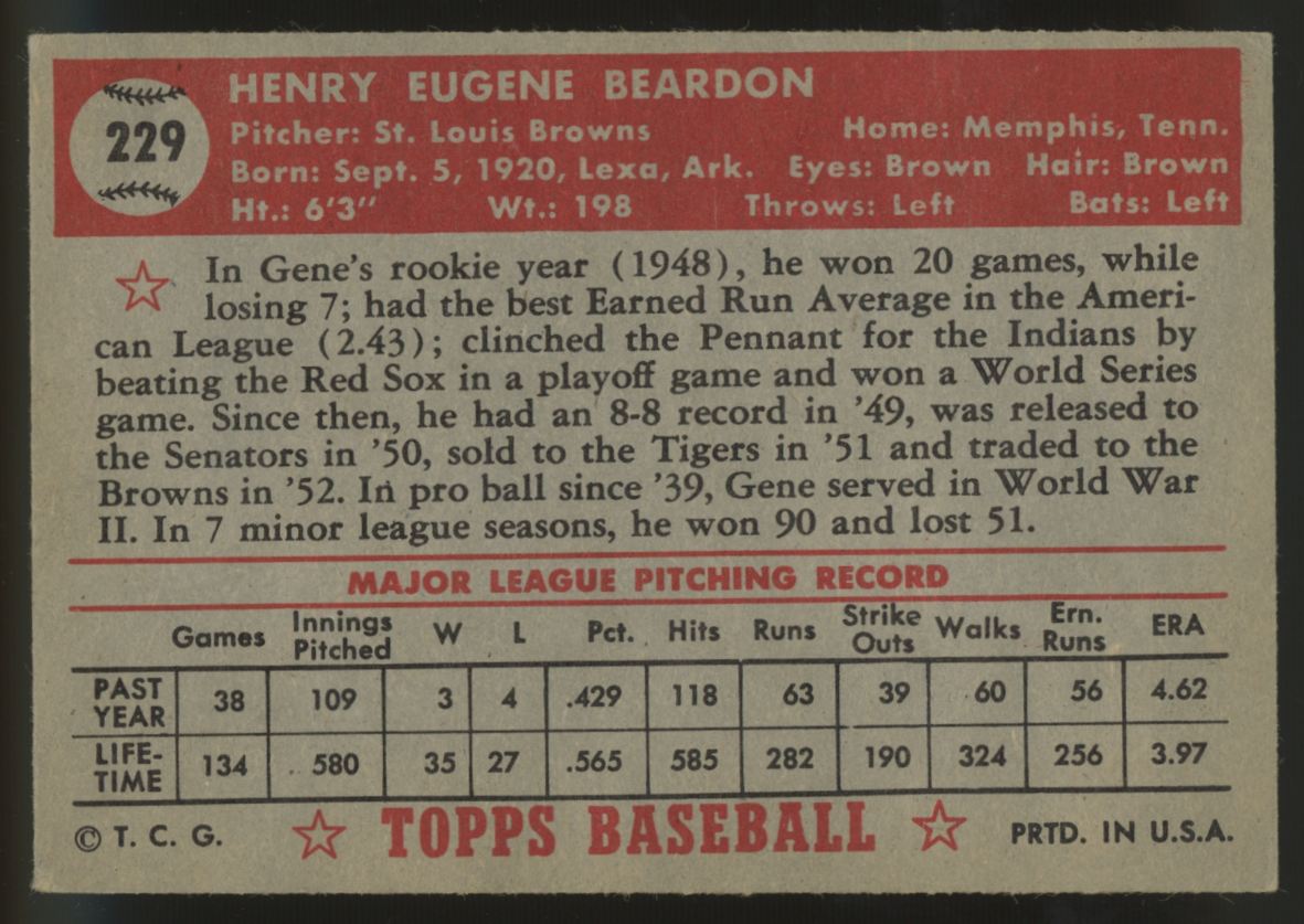 1952 Topps Gene Beardon #229 VG/EX