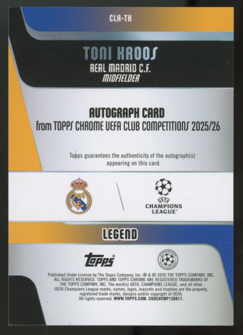 2025-26 Topps Chrome UEFA Club Competitions Toni Kroos Legends Blue Auto /150